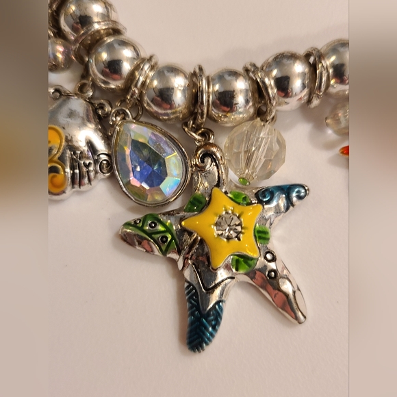 Sea ocean charm bracelet AB crystal starfish seahorse shells mesh stretch silver - Picture 2 of 11